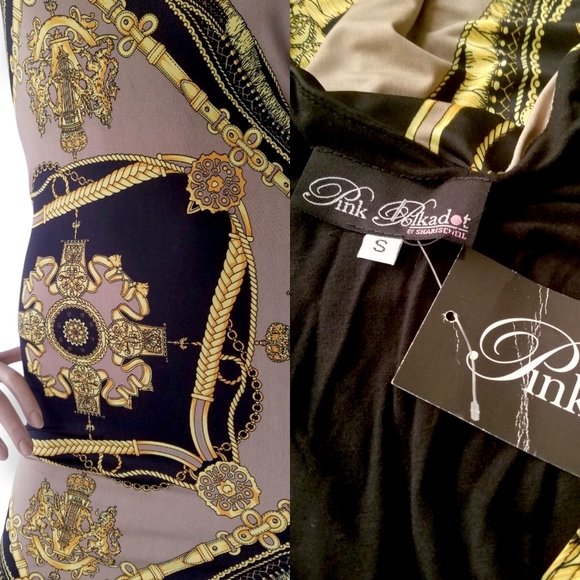 Versace Inspired Black, Beige & Gold Bodycon Dress by Pink Polkadot Size Small - Picture 7 of 8